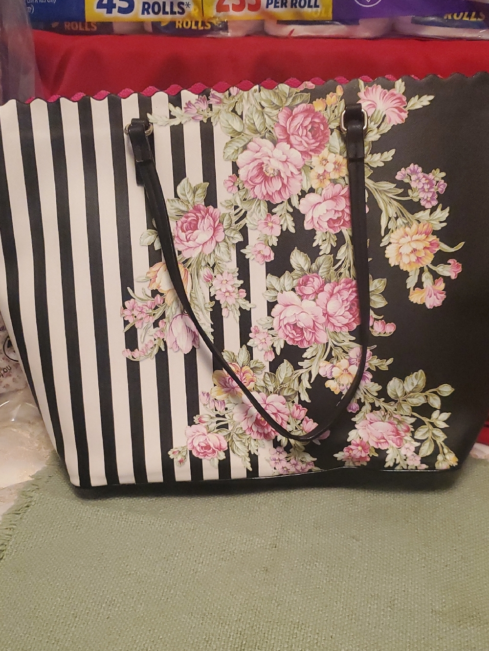 Betsey Johnson Black and Pink Floral Stripe Tote
